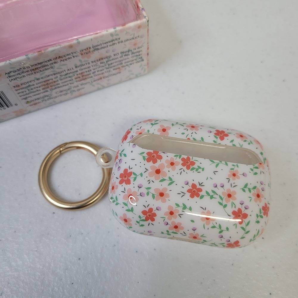 XO Poppy Floral AirPods Pro Case White Pink Orange Flowers Gold Keychain NEW